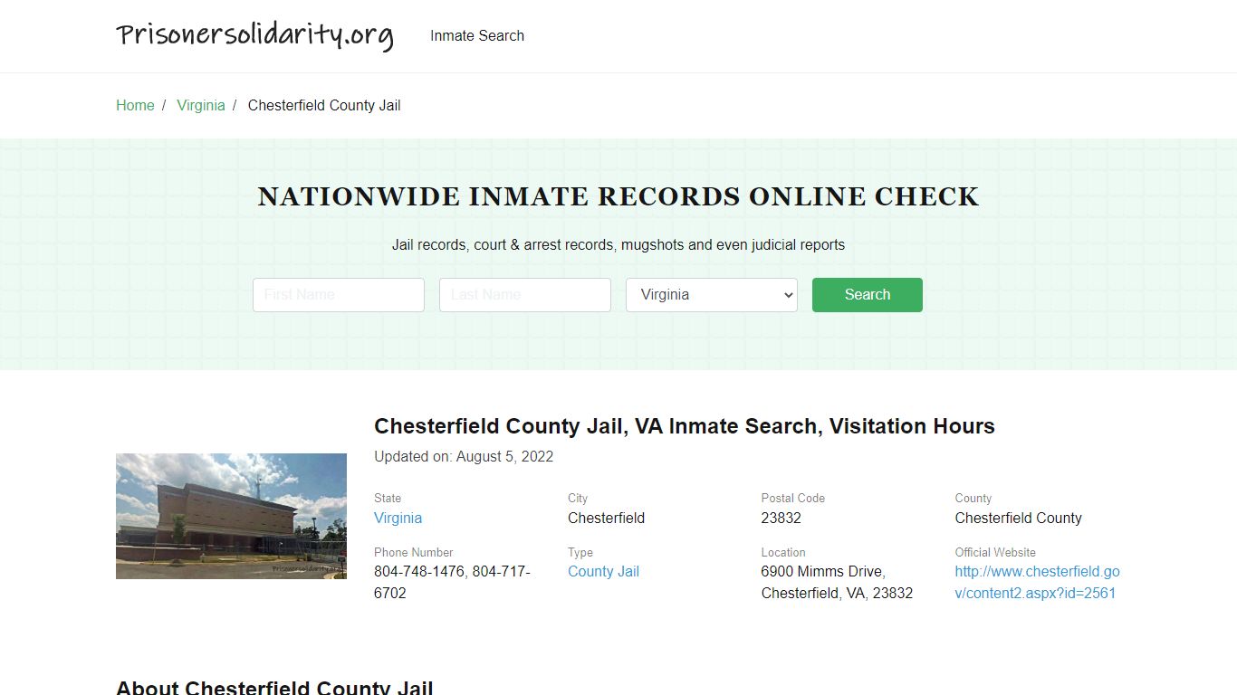 Chesterfield County Jail, VA Inmate Search, Visitation Hours