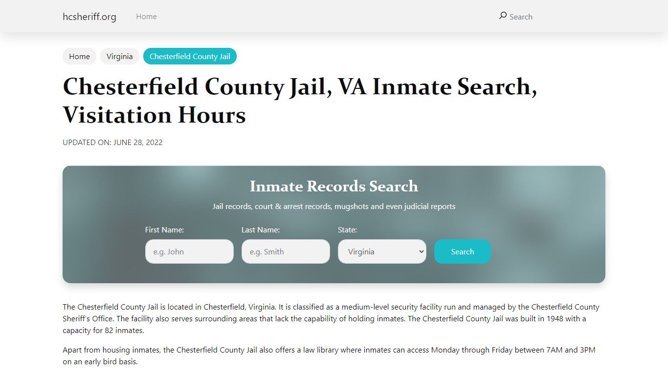 Chesterfield County Jail , VA Inmate Search, Visitation Hours